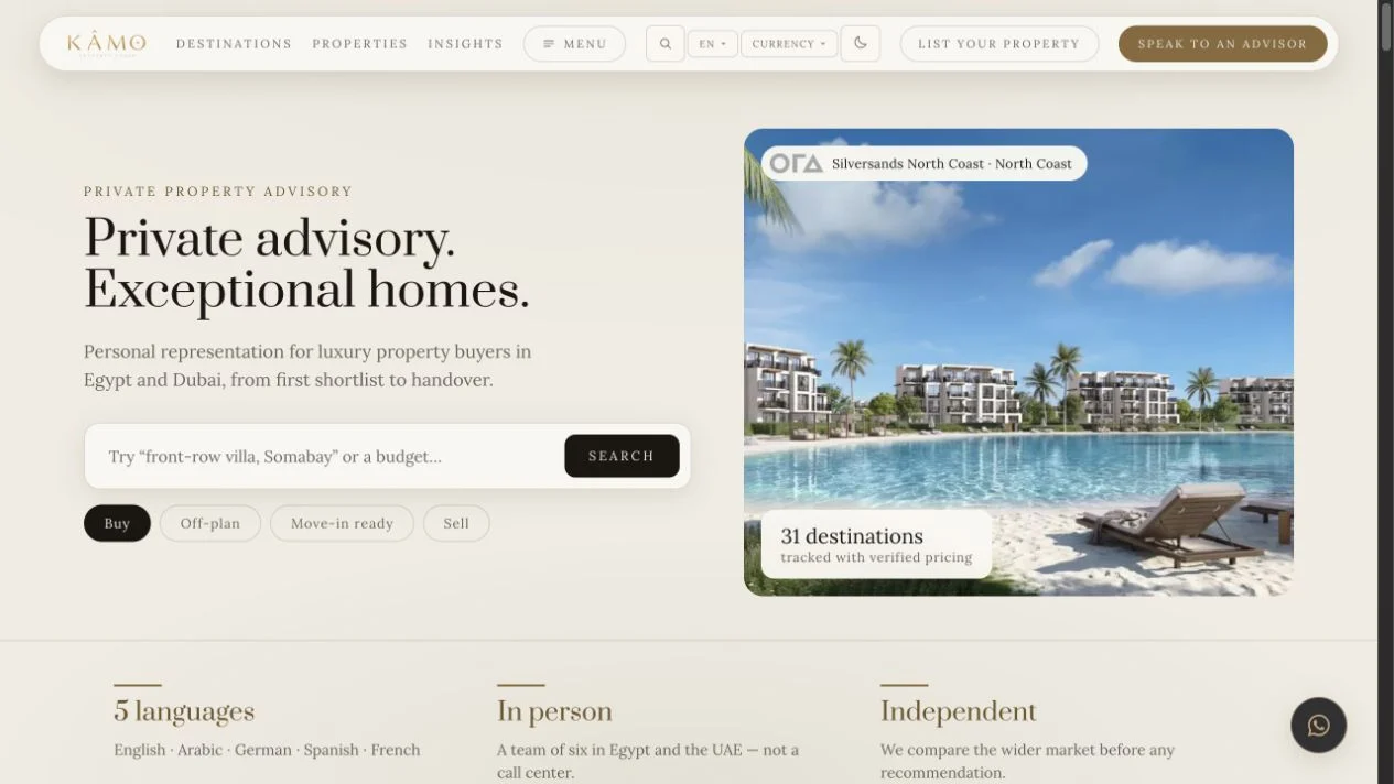 KAMO website: homepage, property search and destination discovery