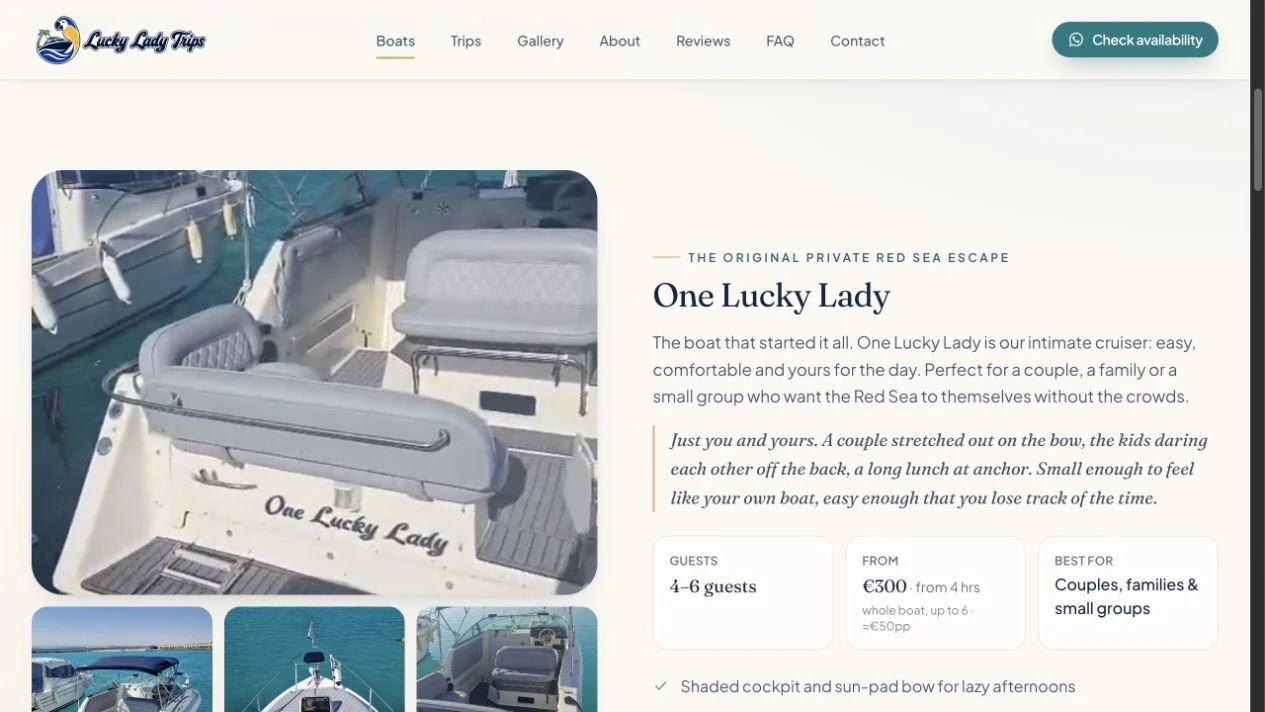 Lucky Lady fleet page showing boat options