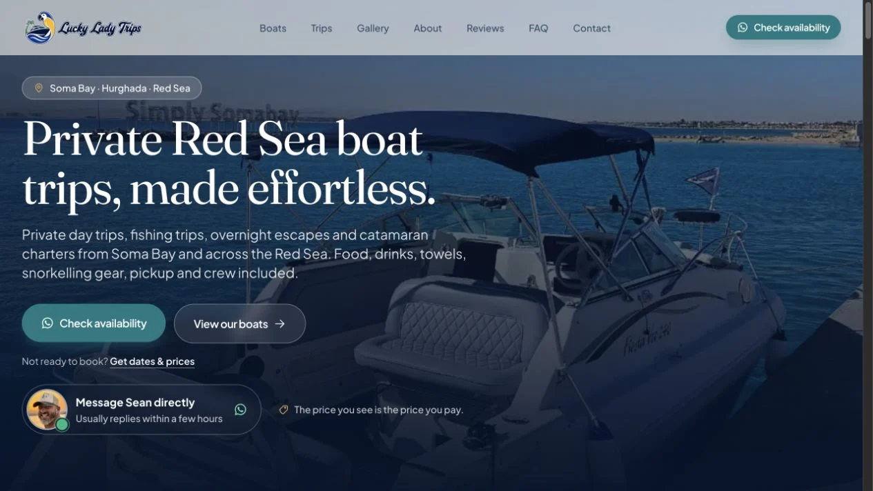 Lucky Lady Trips homepage with boat imagery and availability inquiry